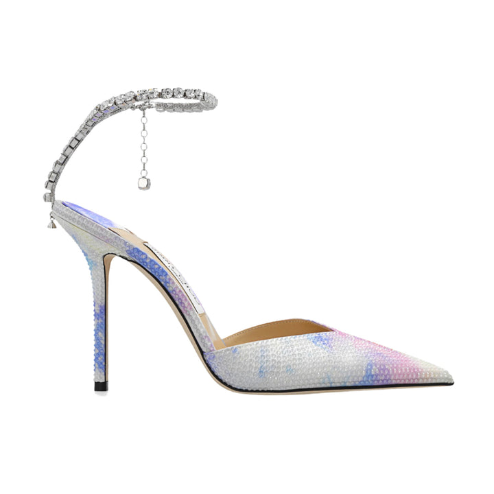 Jimmy Choo Saeda 100  Unicorn Printed Satin Pumps with Crystal Embellishment