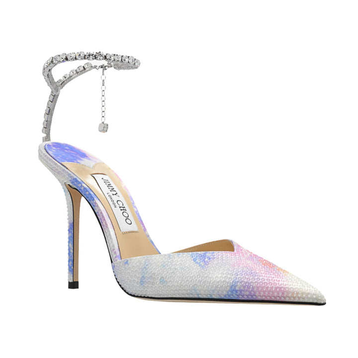 Jimmy Choo Saeda 100  Unicorn Printed Satin Pumps with Crystal Embellishment
